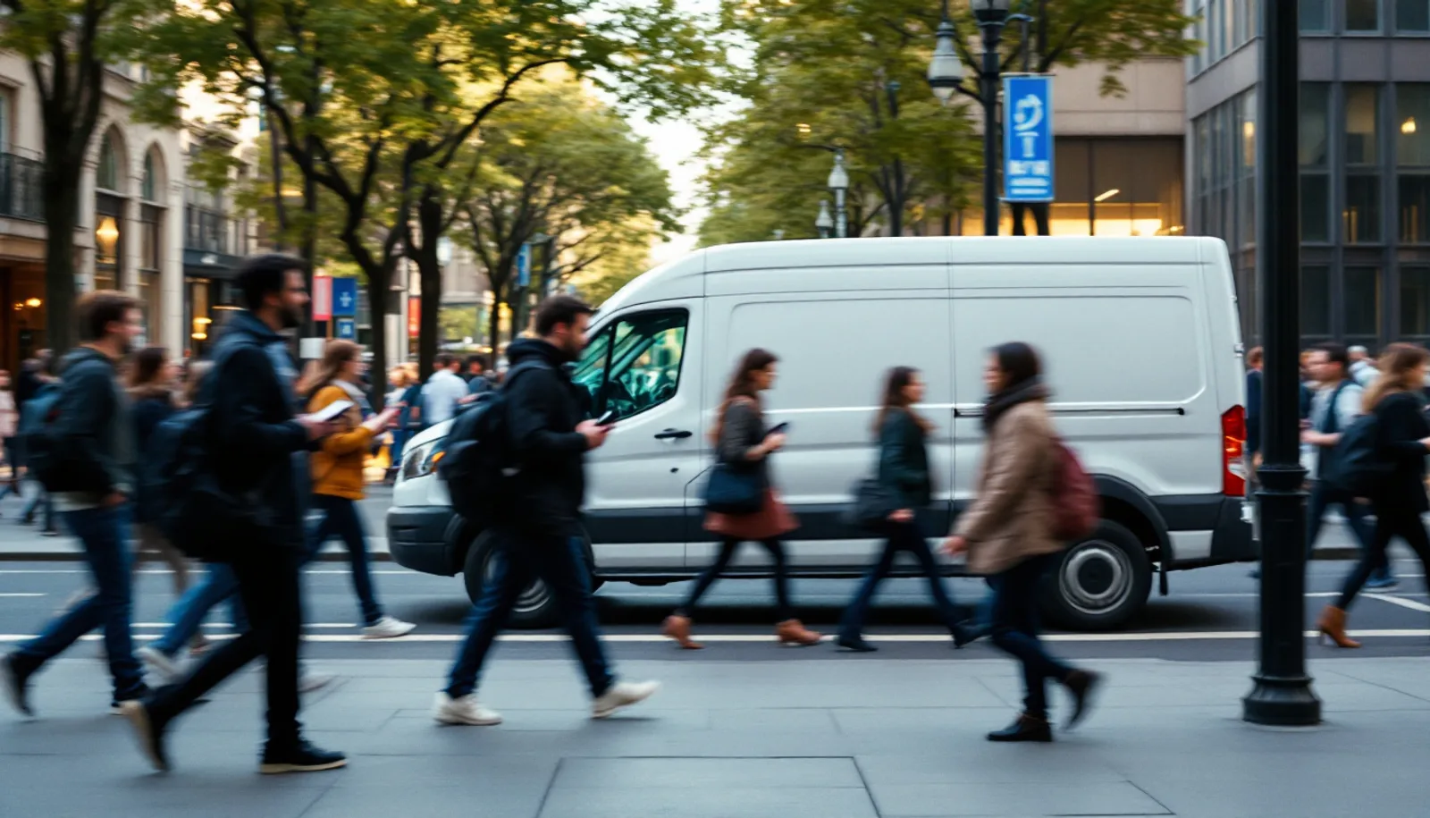 Busy urban street with pedestrians passing a parked work vehicle