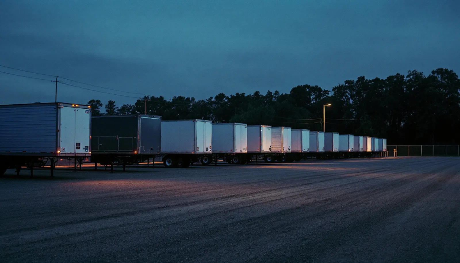 Trailers parked on an empty gravel lot at dusk, no people present