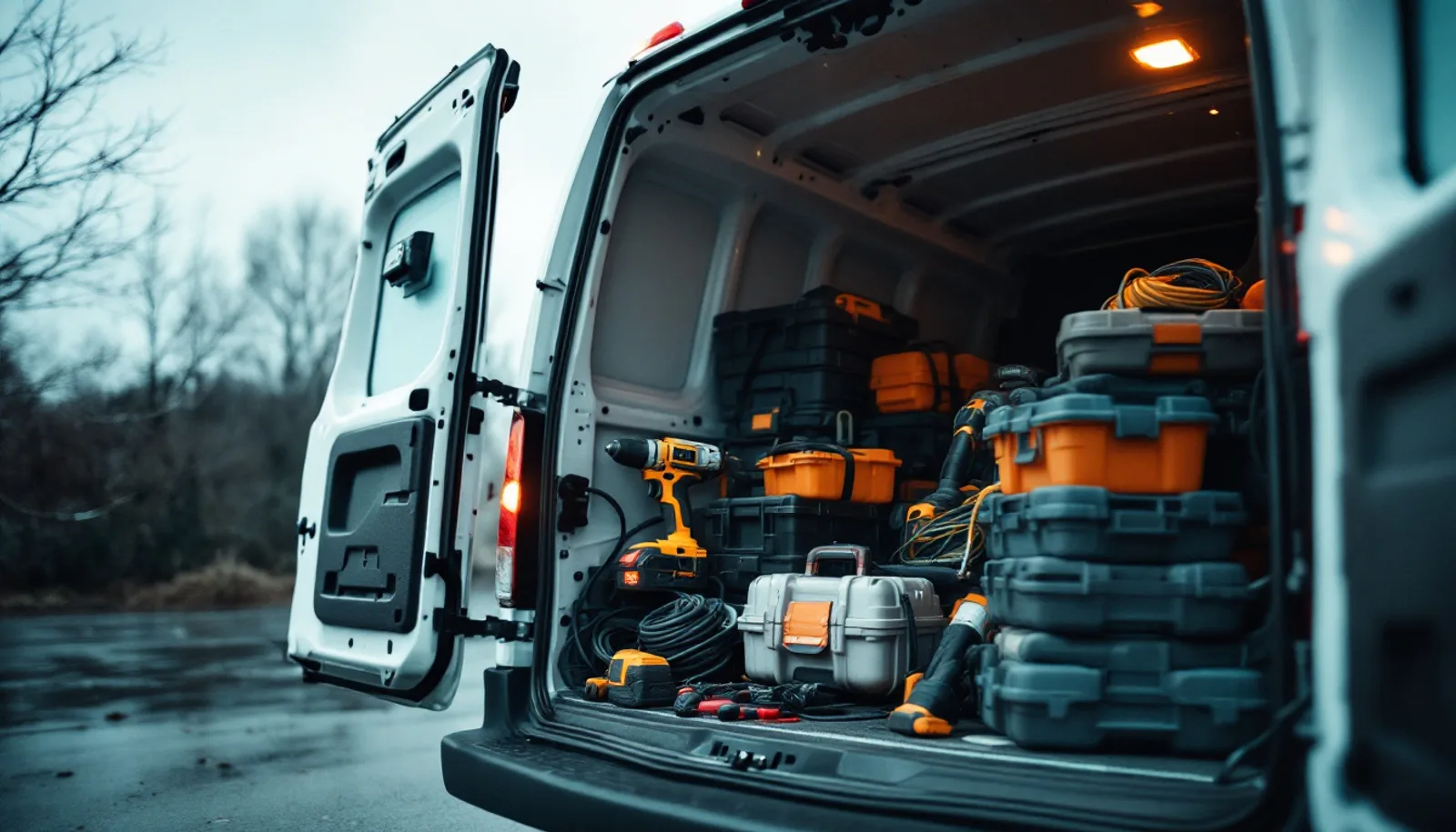 Power tools and cases loaded in the back of a work van