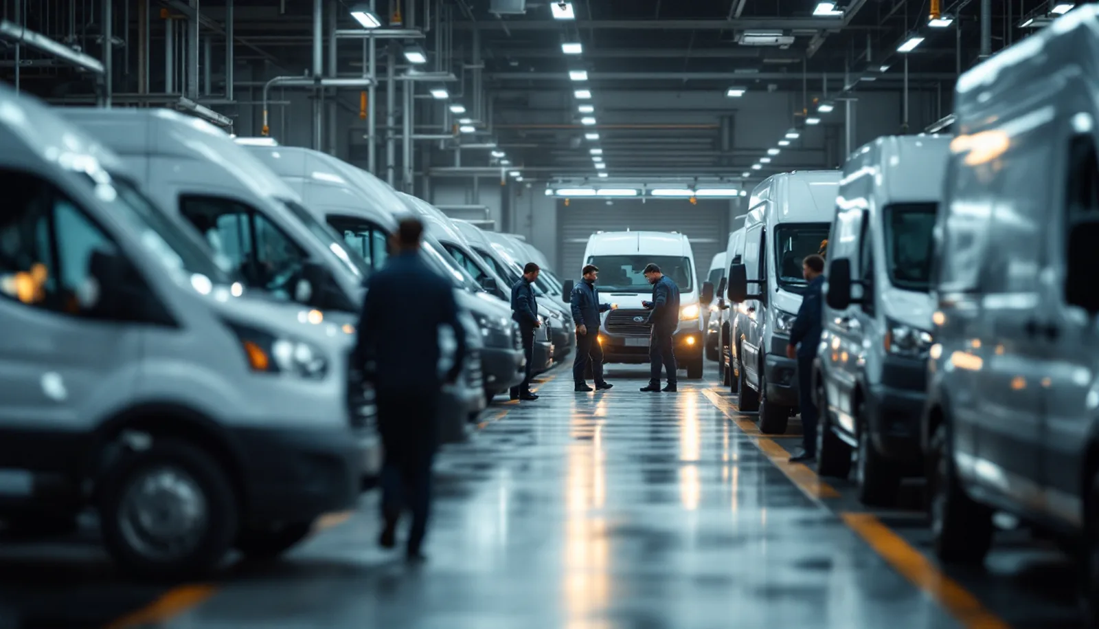 A row of white work vans in a depot service bay with technicians working between them