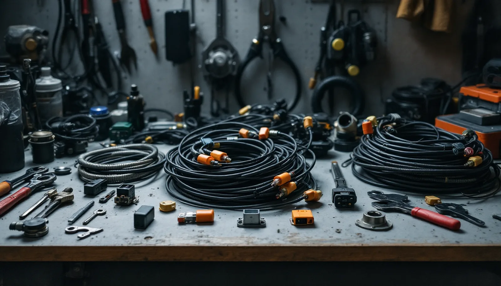 Automotive wiring looms, connectors and hand tools laid out on a workshop bench