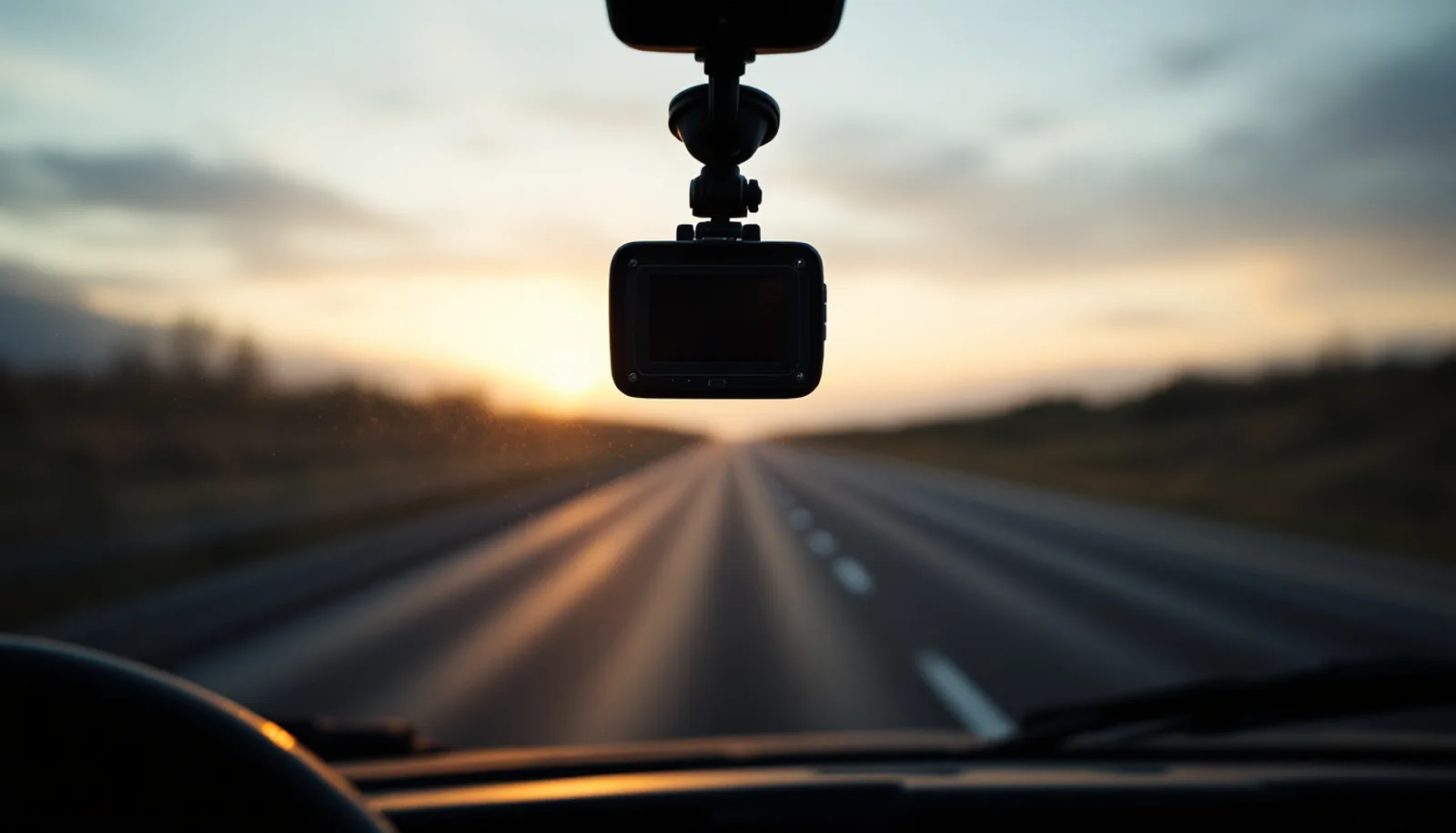 View through a windscreen at sunrise with a small camera mounted on the glass