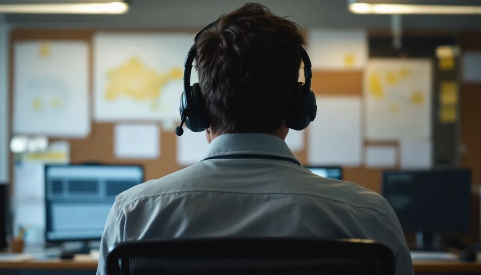 A dispatcher wearing a headset at a workstation in an operations office