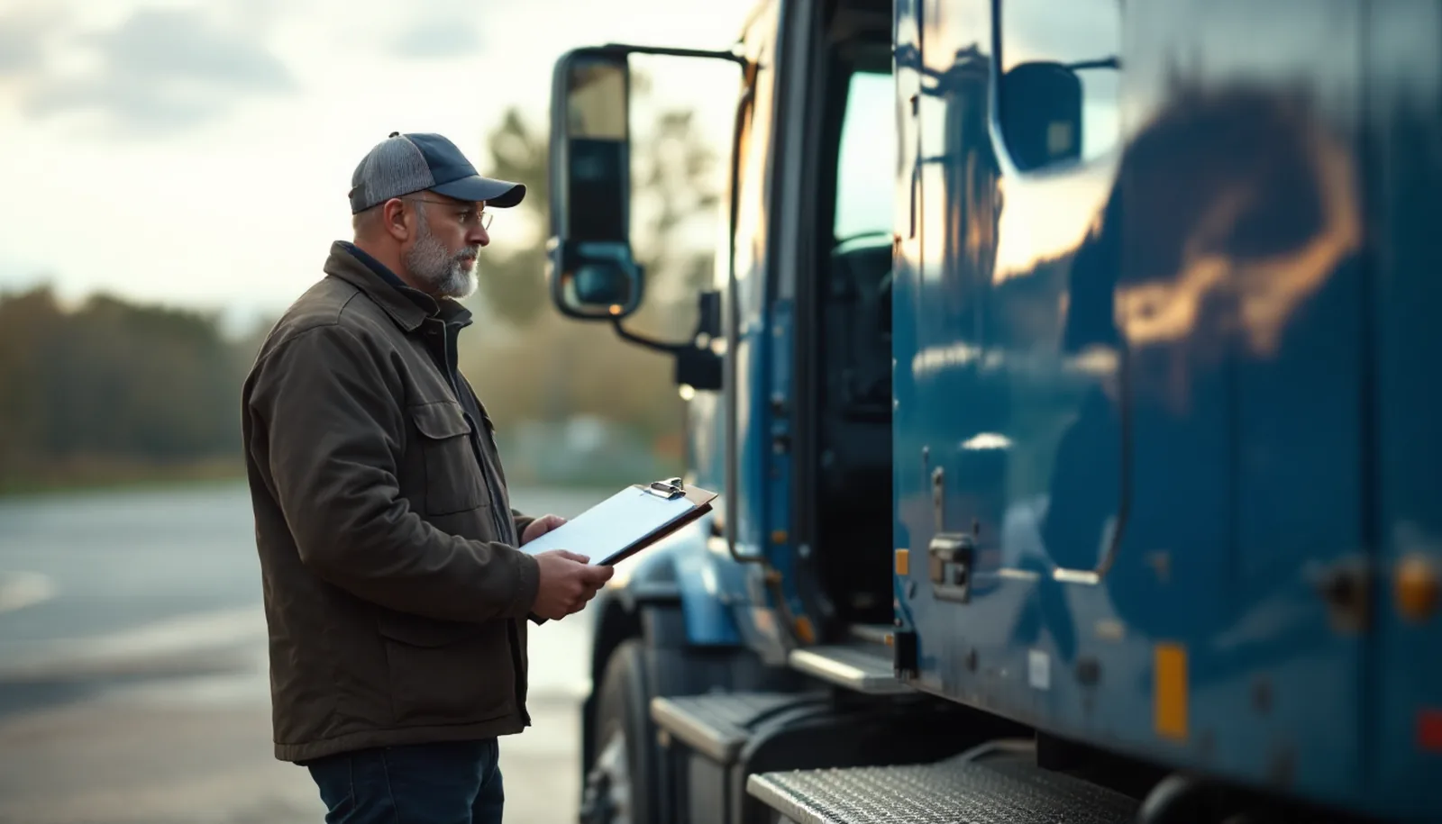 A driver with a clipboard beside a parked semi truck at a rest area