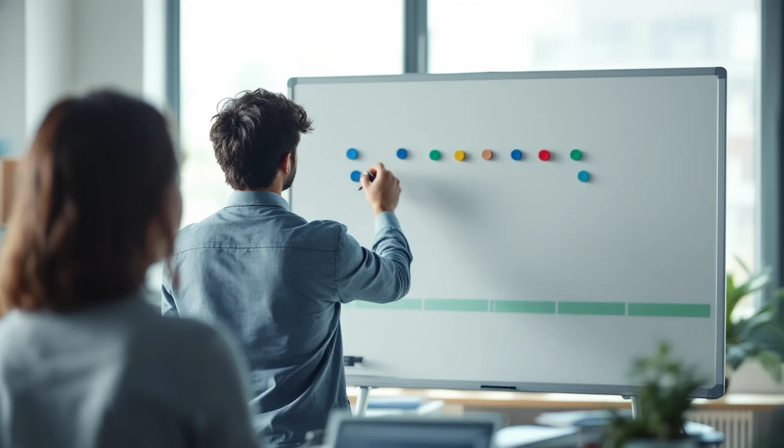 Two colleagues planning at a whiteboard in a small operations office