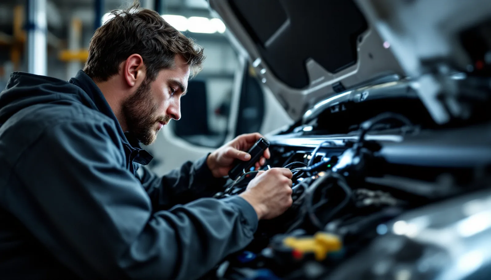 A technician working on vehicle wiring in a service bay