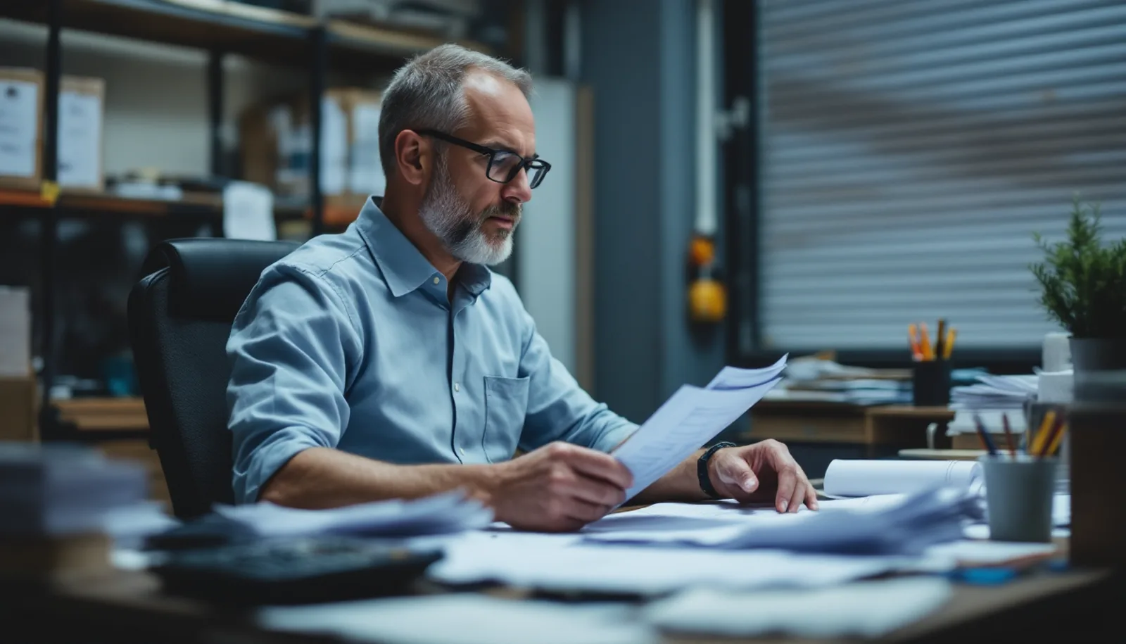 A fleet manager reviewing printed paperwork at a depot office desk