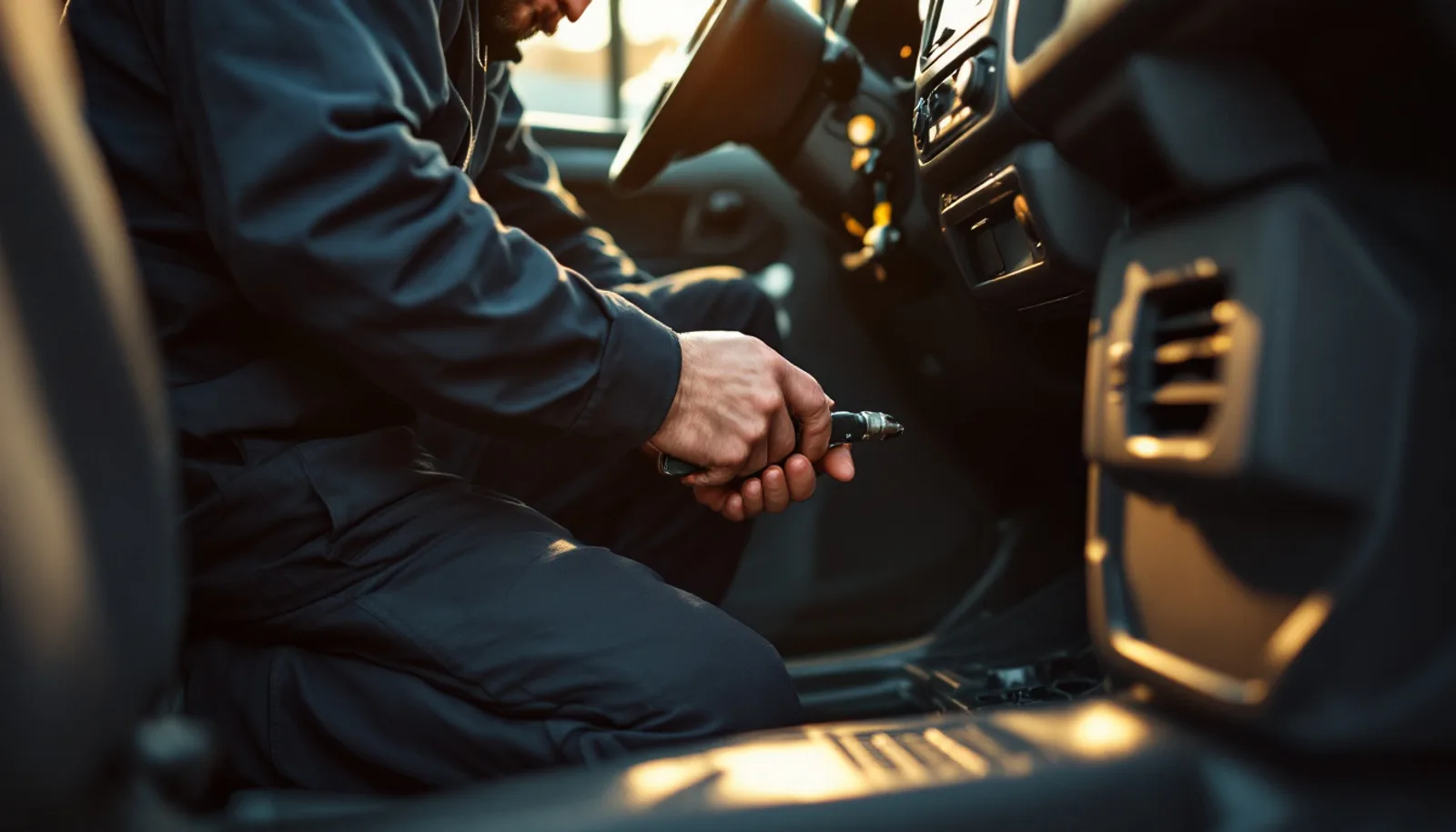 Technician kneeling in a van footwell working under the dashboard