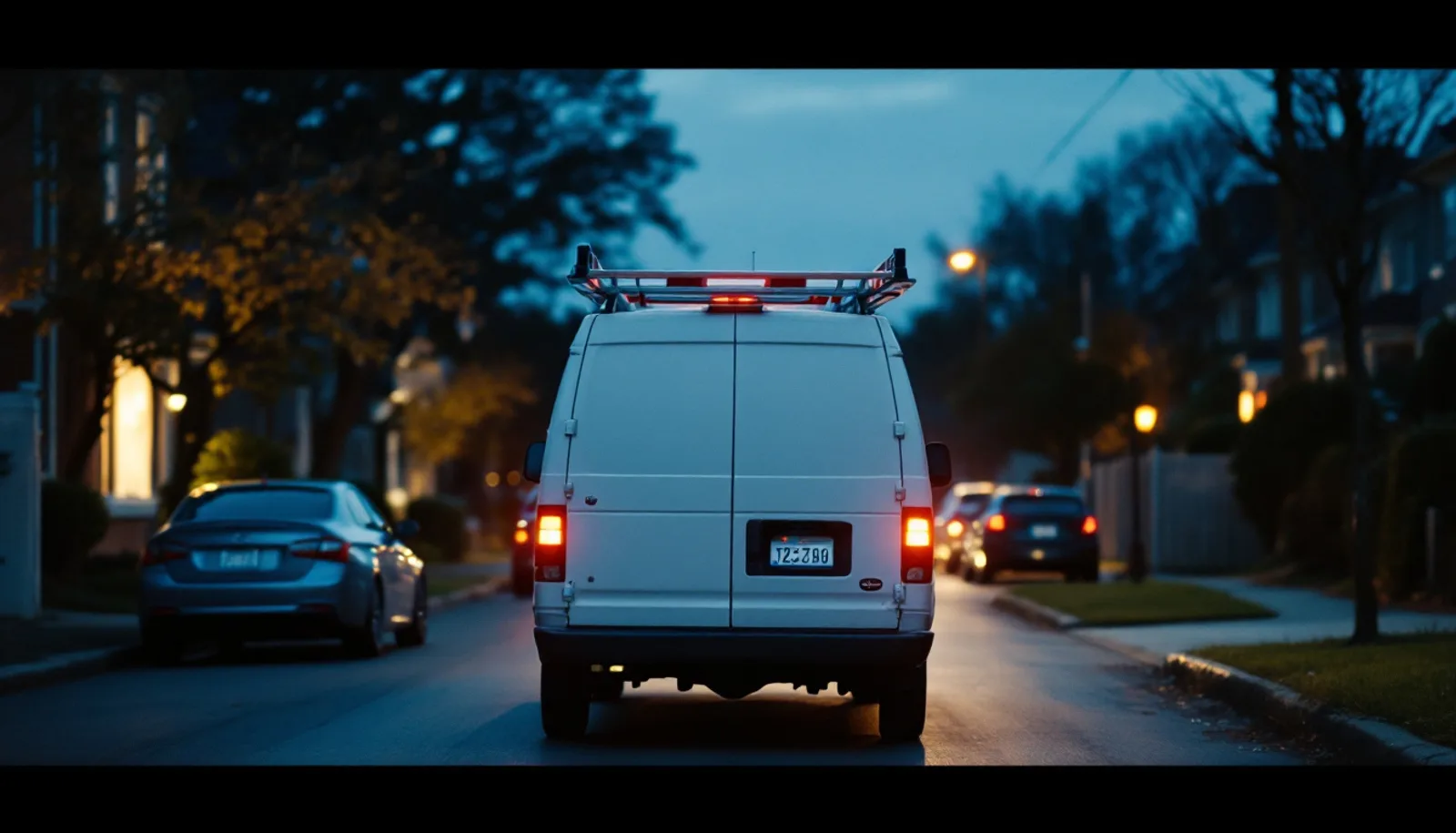 Work van on a suburban street seen through a windscreen at dusk