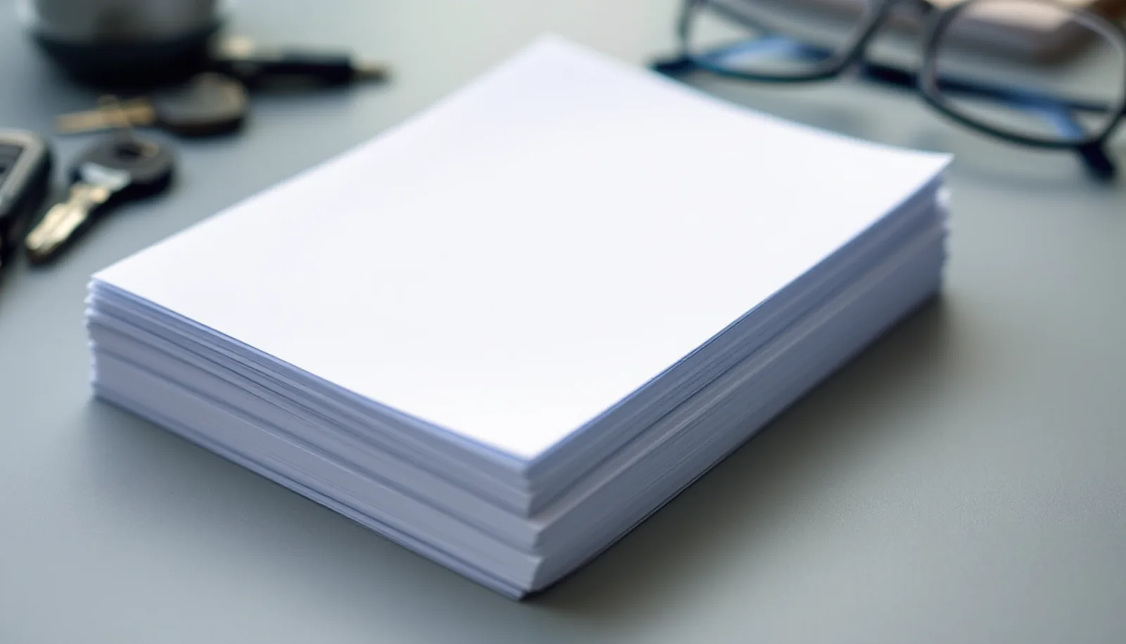 A stack of blank printed pages on a desk beside vehicle keys and reading glasses