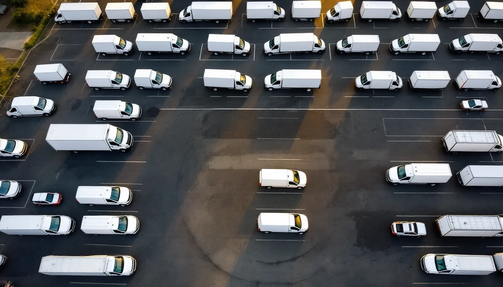 Overhead view of white vans and box trucks parked in marked bays at a depot