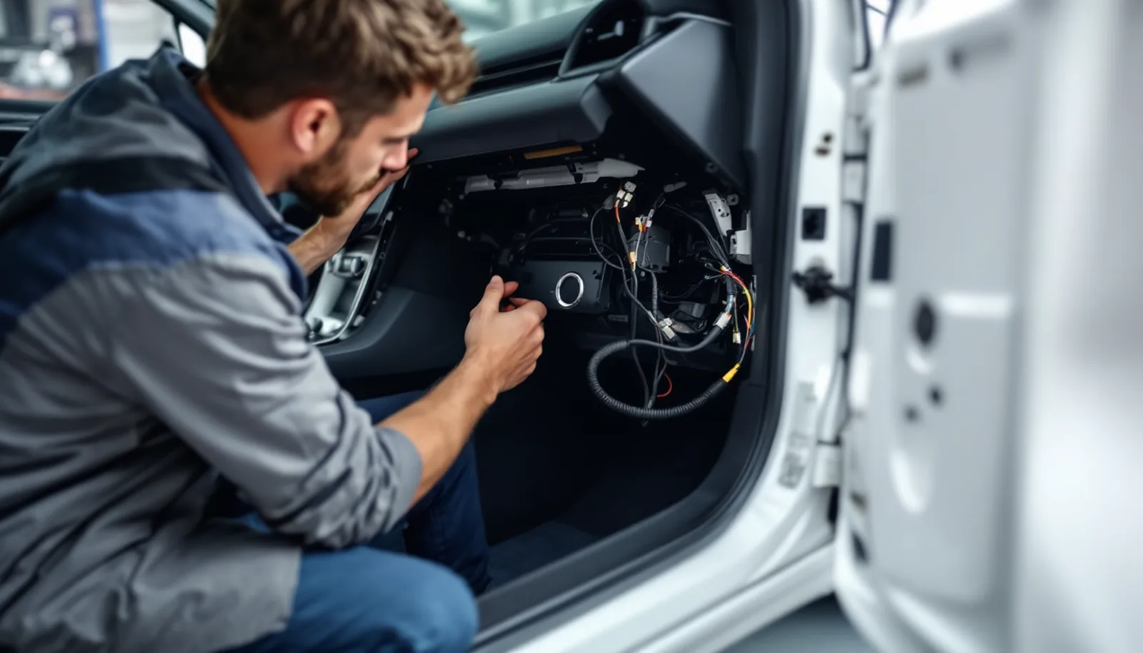 A technician connecting a wiring harness under a vehicle dashboard