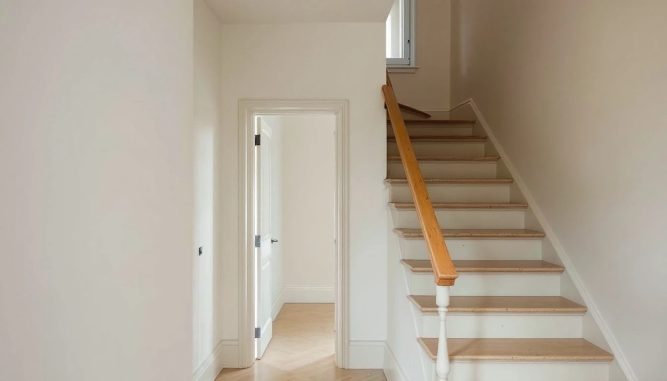 Cage d’escalier et palier d’un immeuble ancien, accès à une chambre