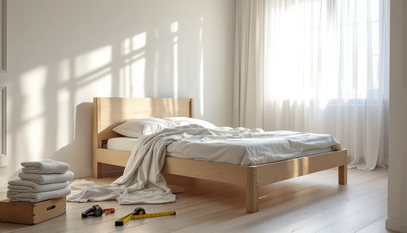 Chambre claire préparée pour le montage d’un lit, mètre ruban au sol