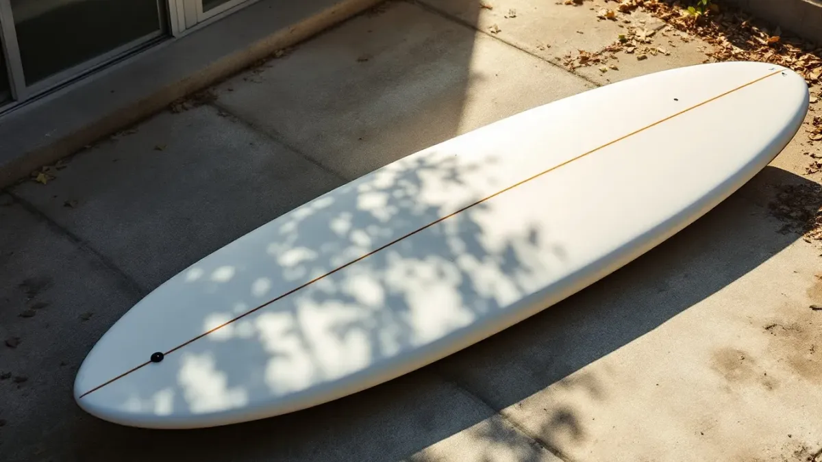 A paddleboard lying in direct midday sun on a concrete patio