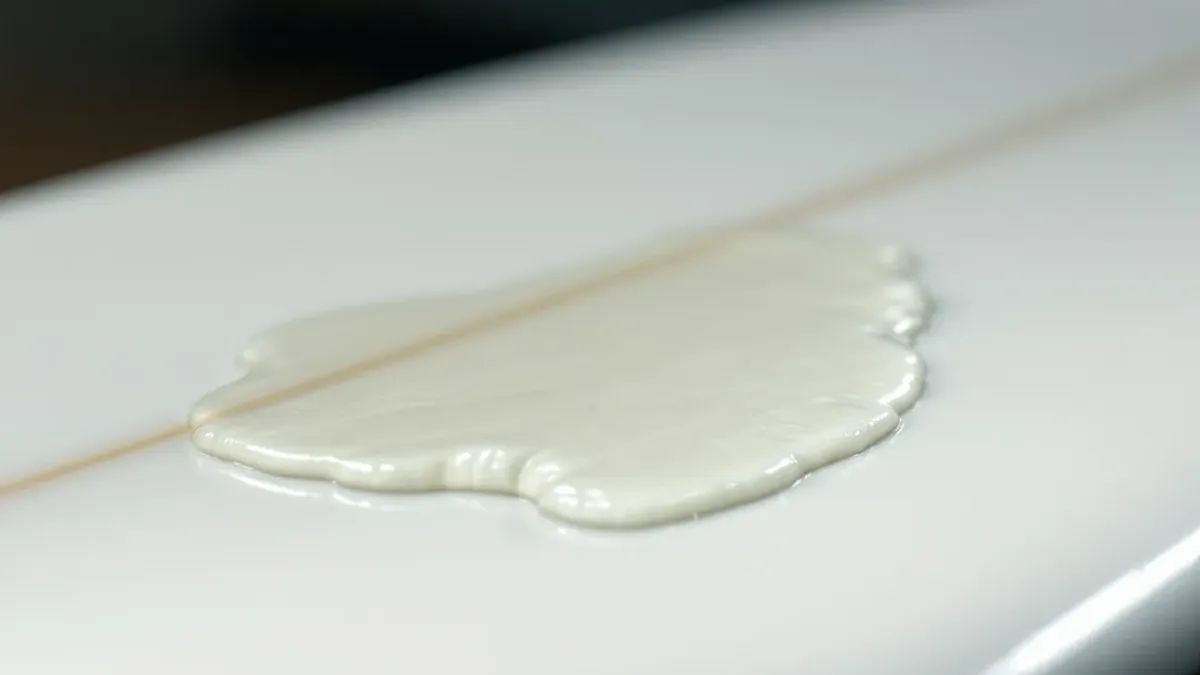 A patch of resin on a white board surface, dull and uneven against the gloss around it