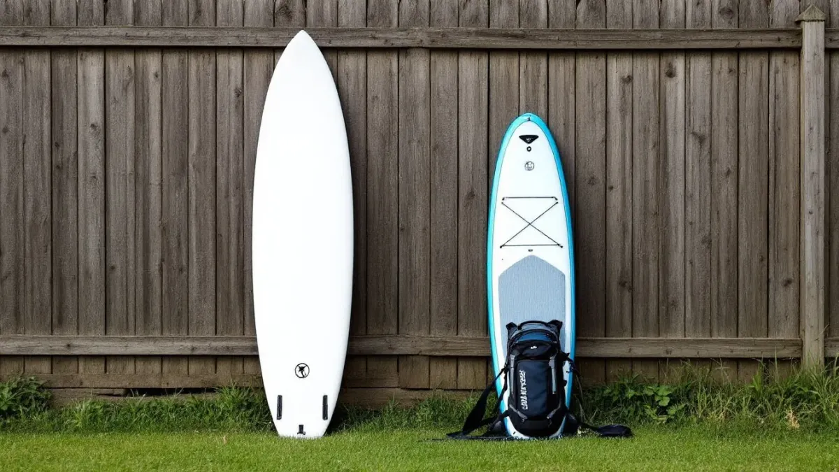 A rigid paddleboard standing beside a rolled-up inflatable paddleboard in its carry pack