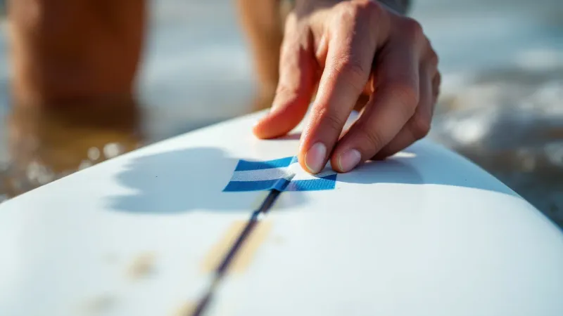 A hand pressing repair tape over a crack in a board