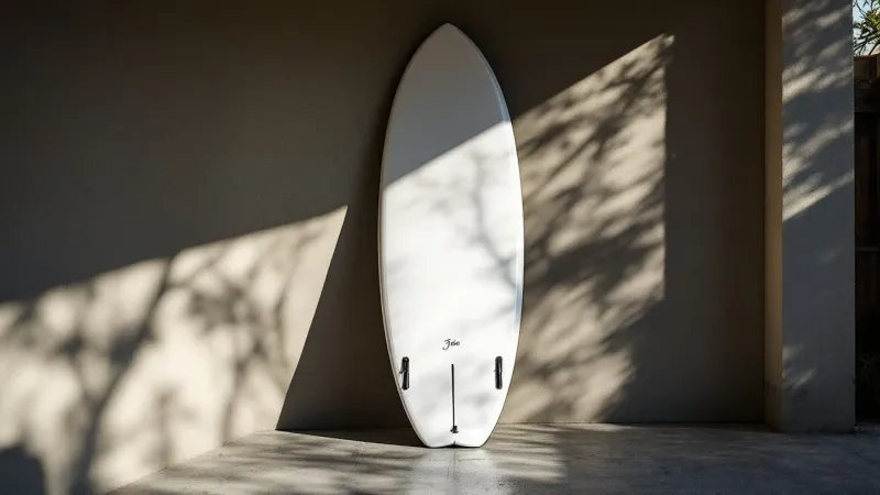 A board propped on its nose in the shade to dry out