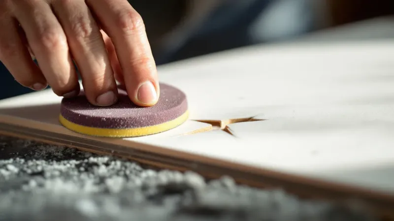 A sanding pad cleaning up the cracked edge of a ding