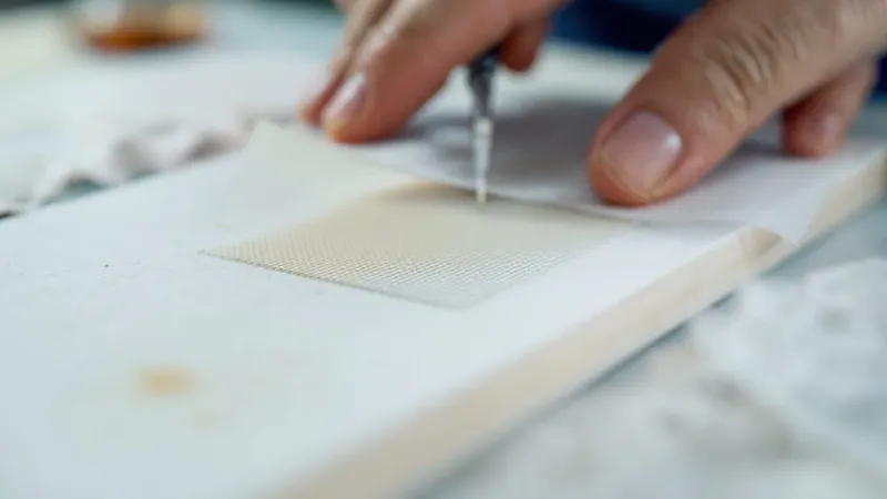 A square of woven fiberglass cloth laid over a prepared repair