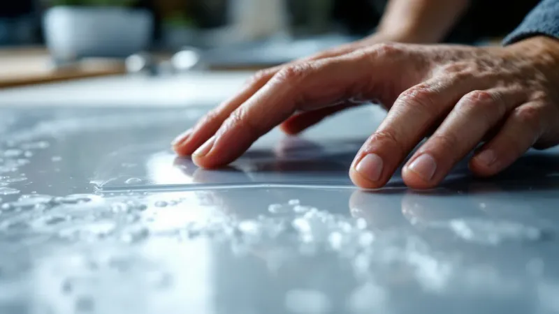 A clear cover sheet being smoothed flat over wet resin