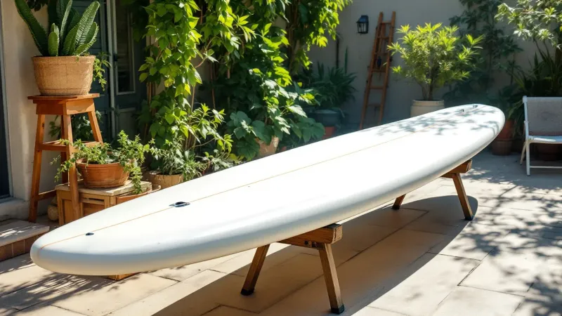 A board on trestles in direct sunshine while a repair cures